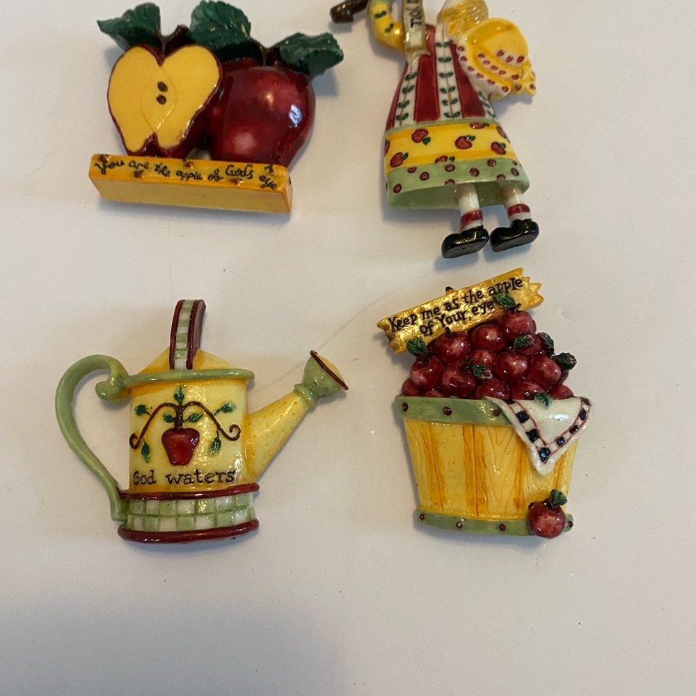 Refrigerator magnets art deco, Apples, religious,  Set Of 4 Gently Used.